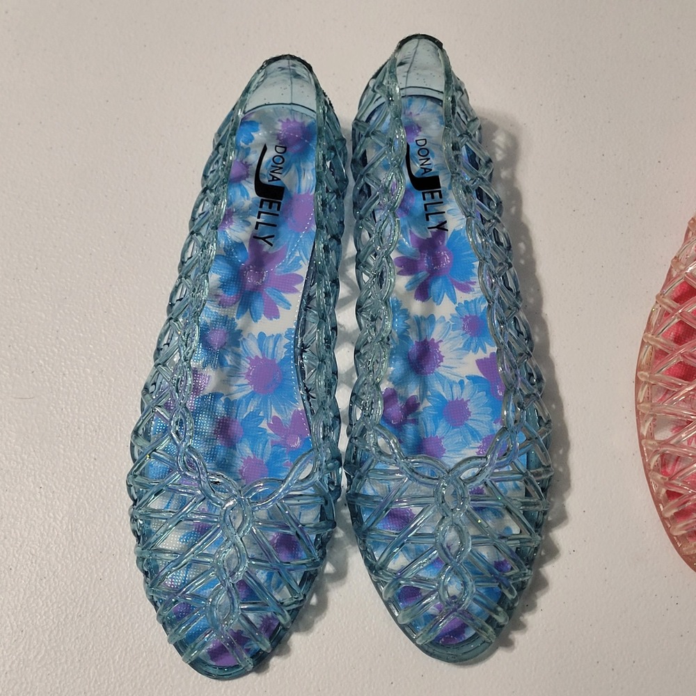 Dona Jelly Kids Glitter Ballet Flats Blue Pink Floral Size 37/6 Peep Toe 2 Pair - Picture 5 of 9
